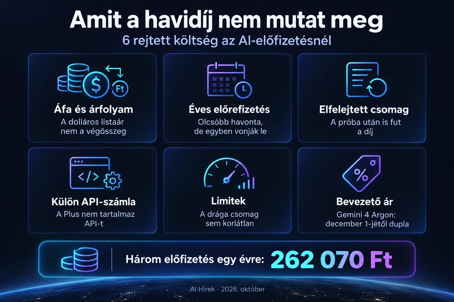 Amit a havidíj nem mutat meg: 6 rejtett költség az AI-előfizetésnél, és három előfizetés éves ára, 262 070 Ft.